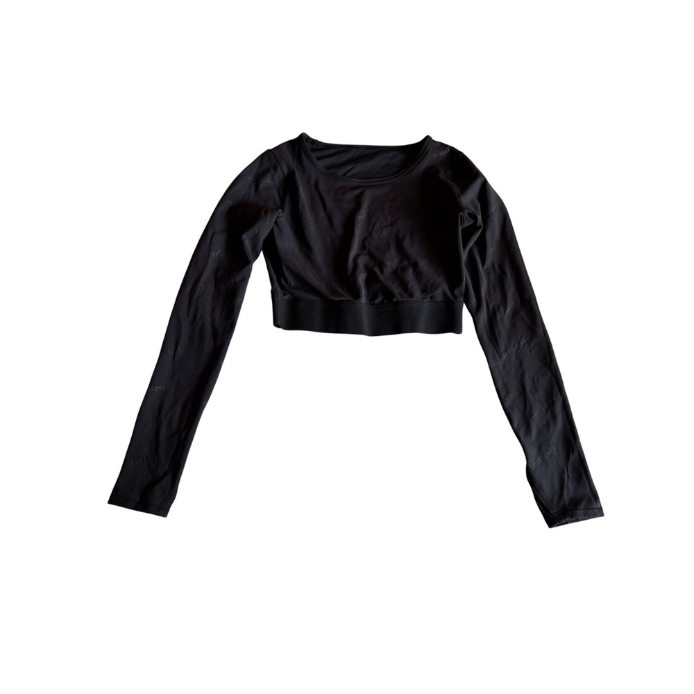 Lululemon Wunder Train Crop‎ Top Long Sleeve Black Logo Print Size 8 Thumbholes